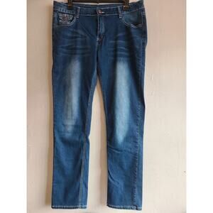 Women's 36" waist lightweight stretch jeans medium wash distressed straight